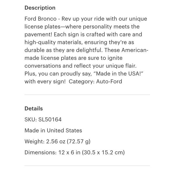 Ford Bronco Metal License Plate Sign – “Since 1966” Rustic Tin Tag – 12x6 – USA - Picture 2 of 2